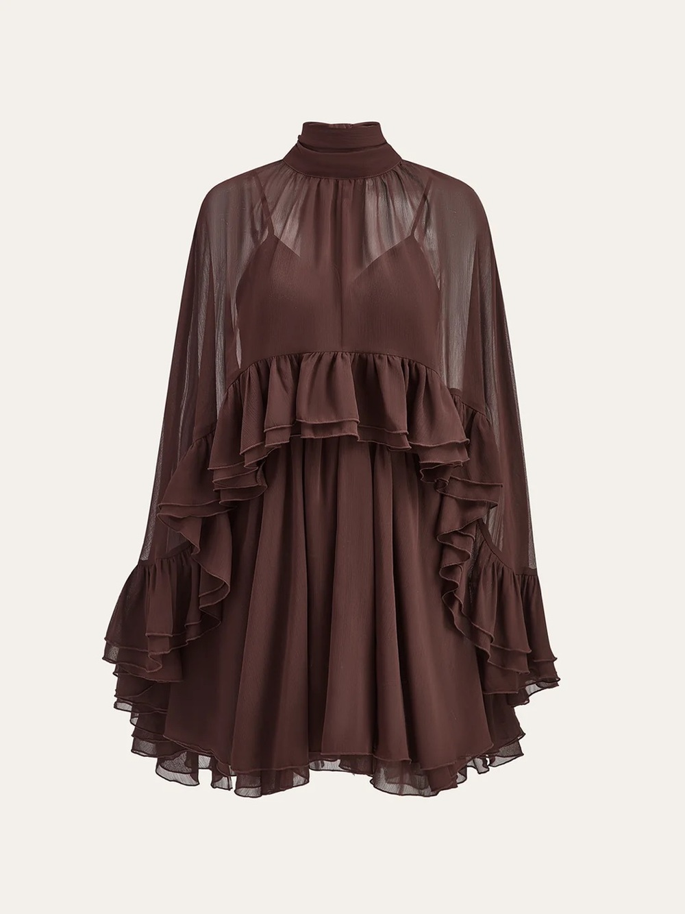 Commense Chocolate Brown Ruffle High-Neck Mini Dress